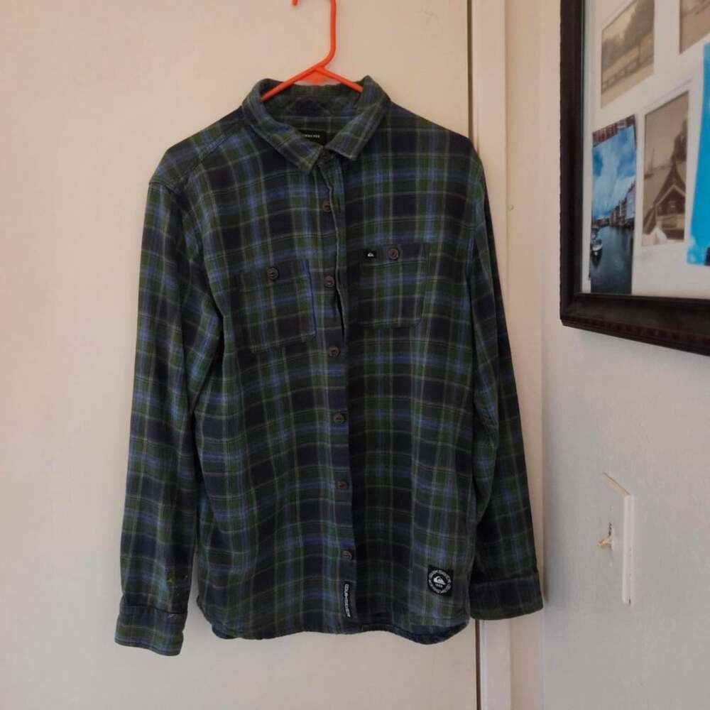 Quiksilver Plaid Flannel Shirt Green Blue Regular Fit